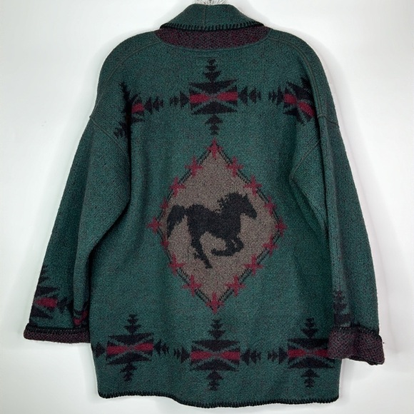 Vintage Coldwater Creek Wool Green Equestrian Cowichan Cardigan Sweater Large - Picture 1 of 9